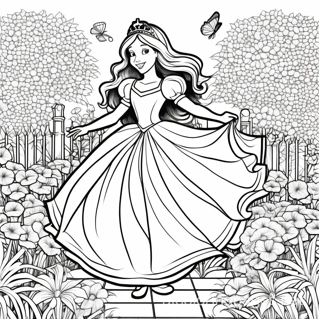 a princess dancing in a beautiful garden with a lot of flowers, Coloring Page, black and white, line art, white background, Simplicity, Ample White Space. The background of the coloring page is plain white to make it easy for young children to color within the lines. The outlines of all the subjects are easy to distinguish, making it simple for kids to color without too much difficulty