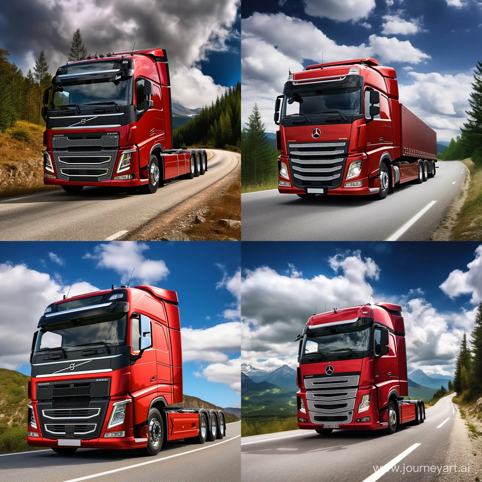 European truck tractor without trailer, red cab, driving on the road, clear sky, day, several clouds in the sky, the road passes through the forest, front side view, photorealistic