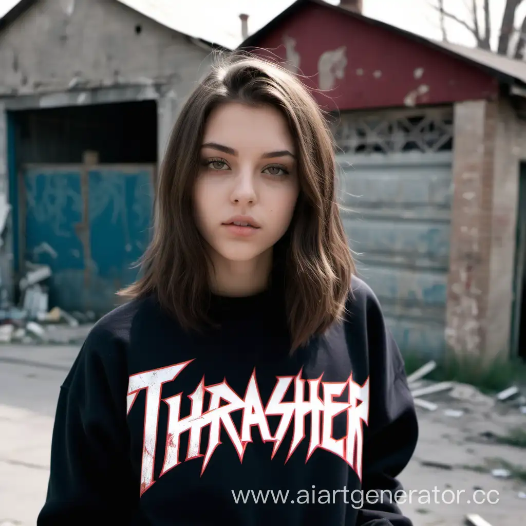 a girl, brunette with shoulder-length hair, a Thrasher sweatshirt, against the background of abandoned garages