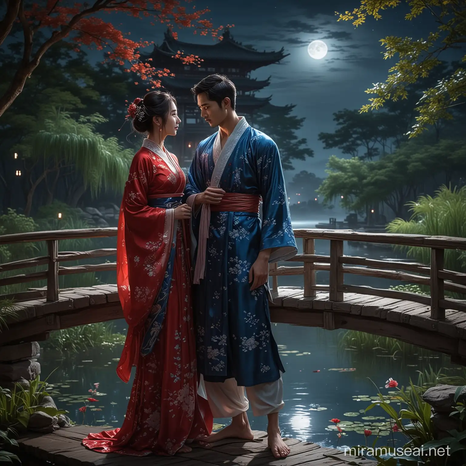 The moonlight shines on the pond in the middle of the night. Two men and women with large eyes and distinct features are making love. The man and woman are wearing Chinese style clothes. The man is wearing blue and the woman is wearing red. The two are standing on the bridge of the pond facing each other. The side view of the two is so beautiful and cool. It has a romantic atmosphere. There is a pavilion around, and no one is there. Men and women are happy faces, although they can only see their side faces. The man is so handsome, and the woman is so beautiful.