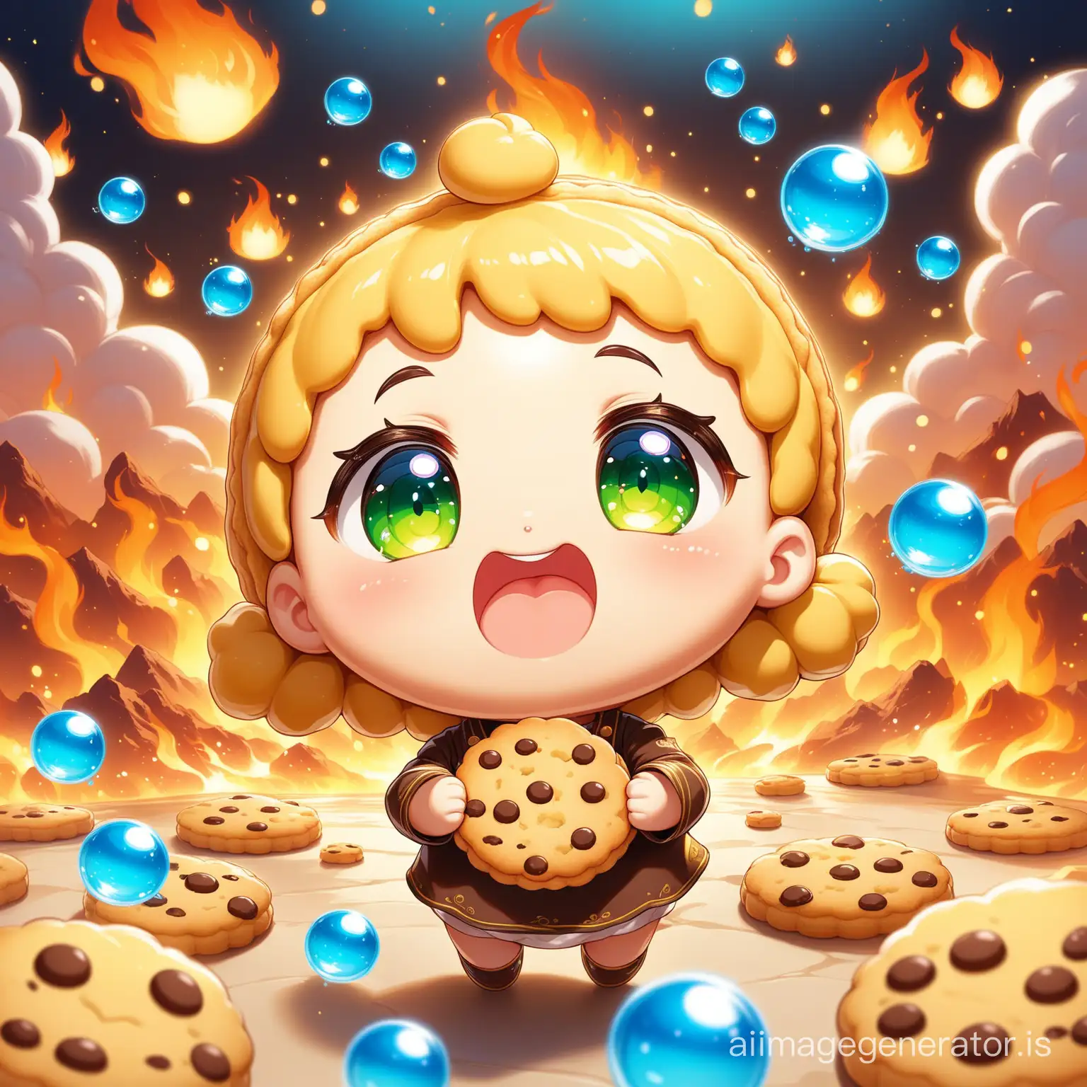A little happy cute cookie with green eye and mouth walking in cook and fire land 
super detail and High Quality
big and blue Bubble and floating cookie are seen everywhere
Details are evident beautifully and with great precision