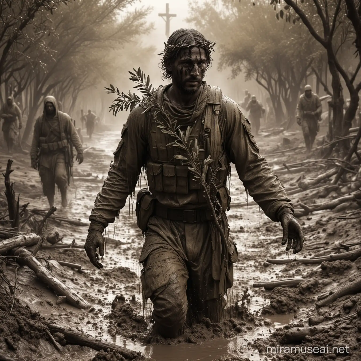 Thermal Camera effect, soldier emerges from the mud with an olive branch in his hands hyper realistic, cinematic shot, 40k, , military outfit, His body covered in mud
In the background we can see the crucified Jesus crying