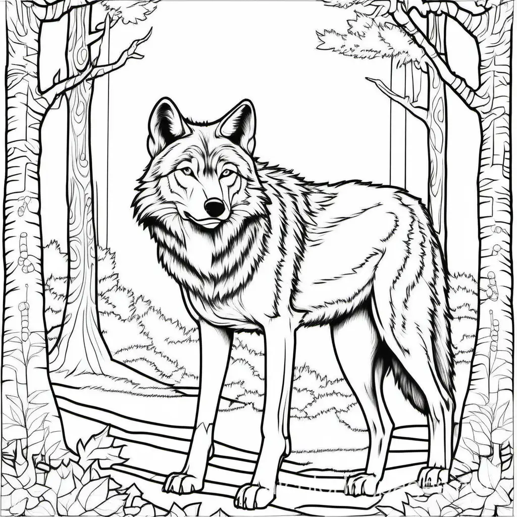 The Eastern Timber Wolf, Coloring Page, black and white, line art, white background, Simplicity, Ample White Space. The background of the coloring page is plain white to make it easy for young children to color within the lines. The outlines of all the subjects are easy to distinguish, making it simple for kids to color without too much difficulty