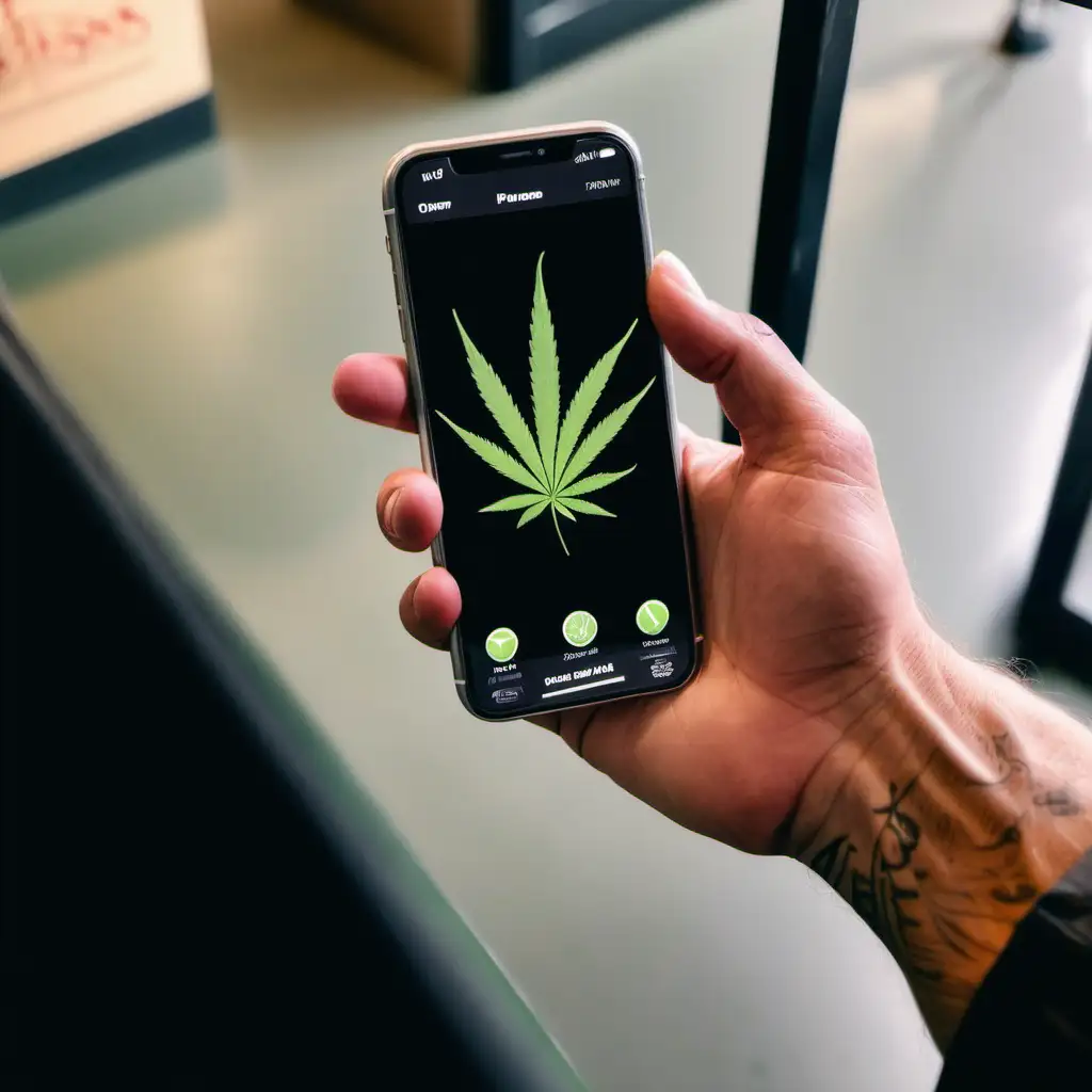 Holding I phone in hand in a cannabis dispensary 