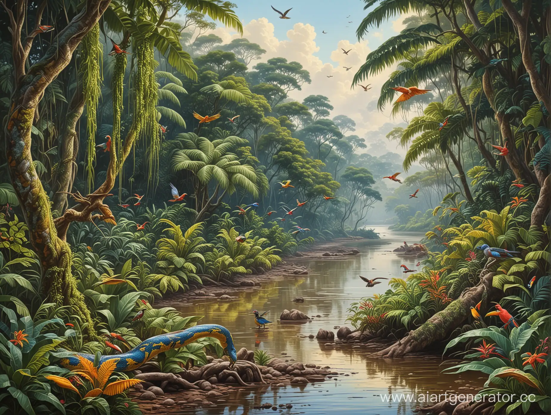 Великолепный пейзаж, амазонская сельва, мутная река, берега, заросшие тропической растительностью, сетчатый питон, райские птицы, профессиональный, реалистичный, цветной рисунок, масло, живопись, шедевр.