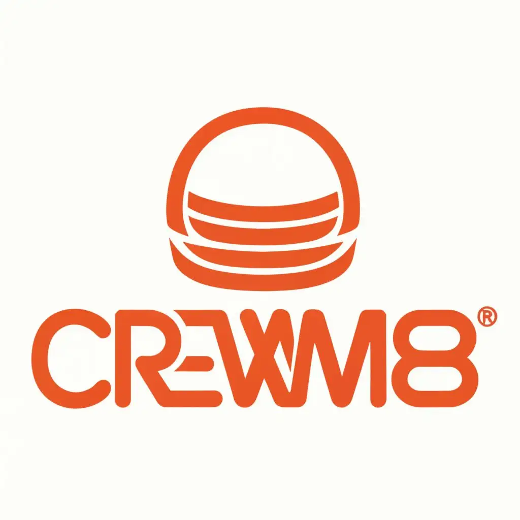 logo, flat orange shapes and lines resembling a spacesuit helmet, with the text """"
crewm8
"""", typography, be used in Internet industry