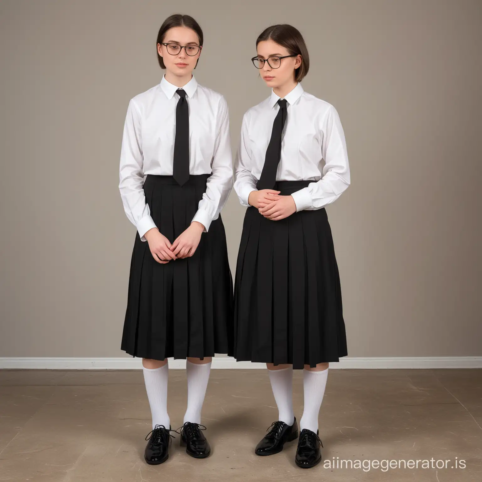 two young catholic postulant in prayer with short hair and glasses dressed in a black long pleated skirt that covers her knees and a white blouse with black tie white knee high socks and black mary jane flat shoes