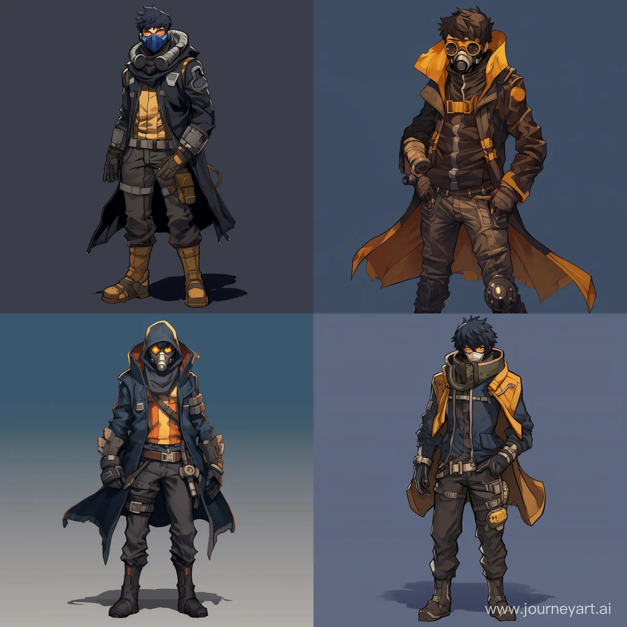 In the style of anime, in full growth. Engineer-scientist with a strong physique. He wears a gas mask with double-filtered, amber-colored lenses. Dressed in a dark blue warm jacket with a hood with fur trim and dark blue jeans. He also wears gray gloves and black combat boots.