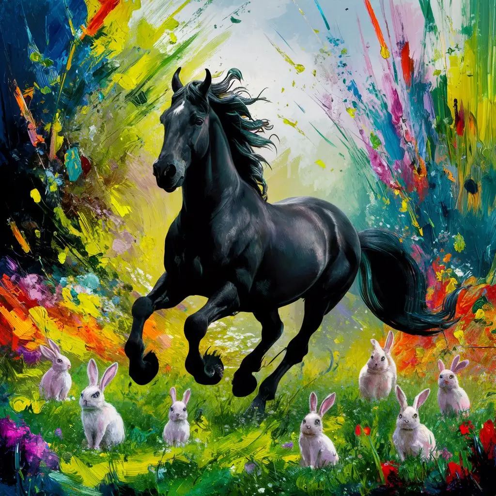 Easter Meadow Majestic Black Horse Amid Colorful Bunnies and Vibrant Spring