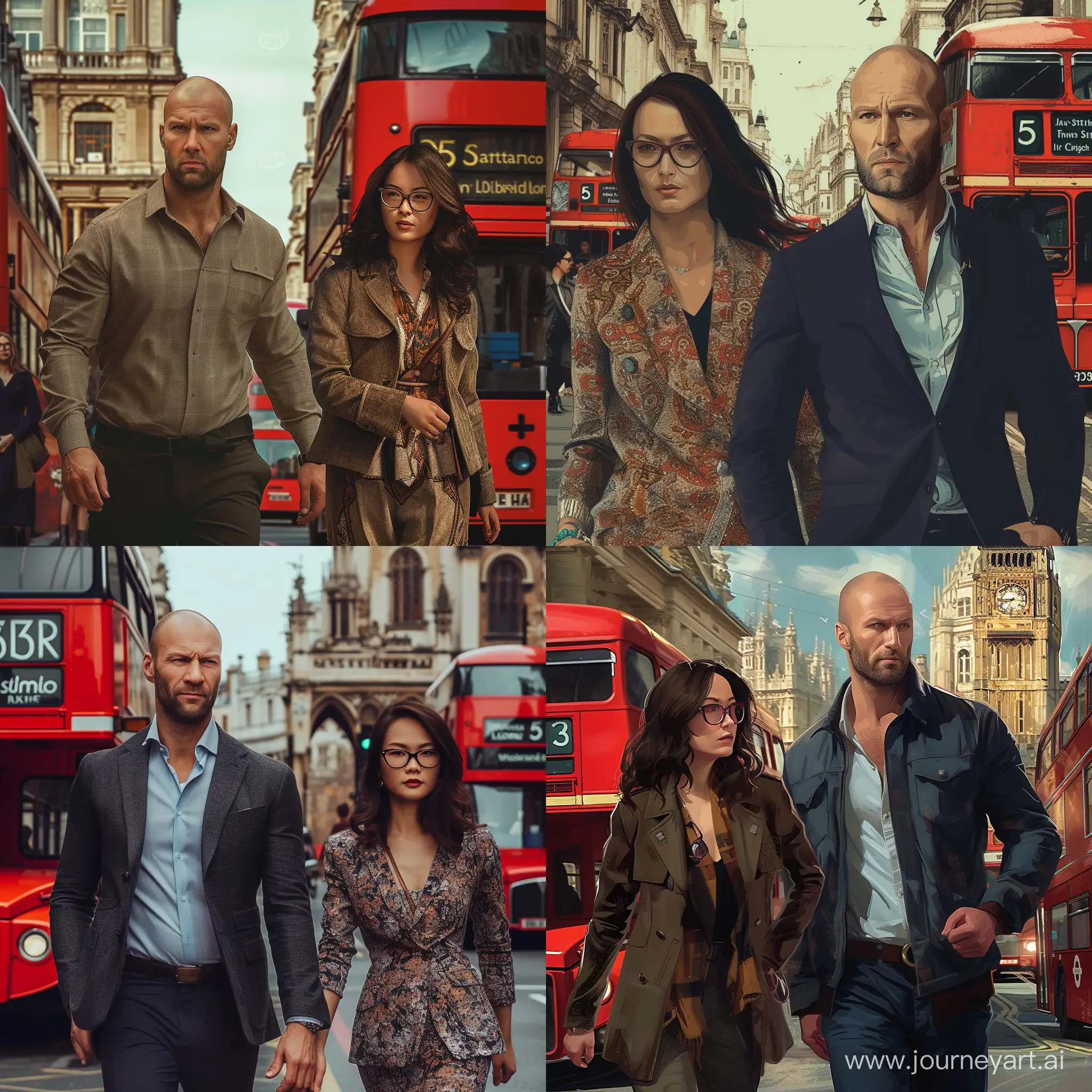 The image shows a street in London with a man resembling Jason Statham walking confidently. Beside him is a Kazakh woman with dark brown hair and glasses, stylishly dressed. The background features typical London elements like red buses and historic buildings.