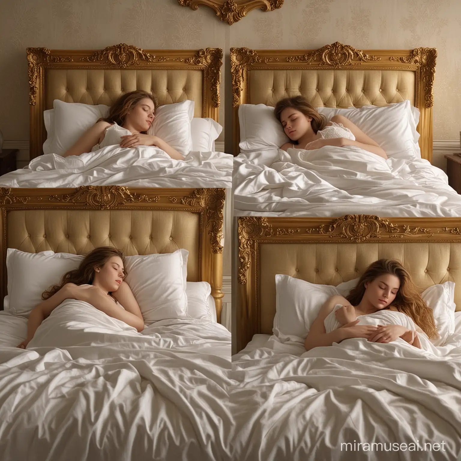 2618. PROMPT:  bagi gambar menjadi lima panel masing-masing dengan bingkai emas, potret gadis tidur di tempat tidur, detail berkualitas tinggi menggambarkan kesempurnaan, realisme dan bentuk kompleks, di bawah gambar adalah gadis asli tidur di tempat tidur, wajah sama dengan gambar, di kamar tidur mewah, HD, 8K .
