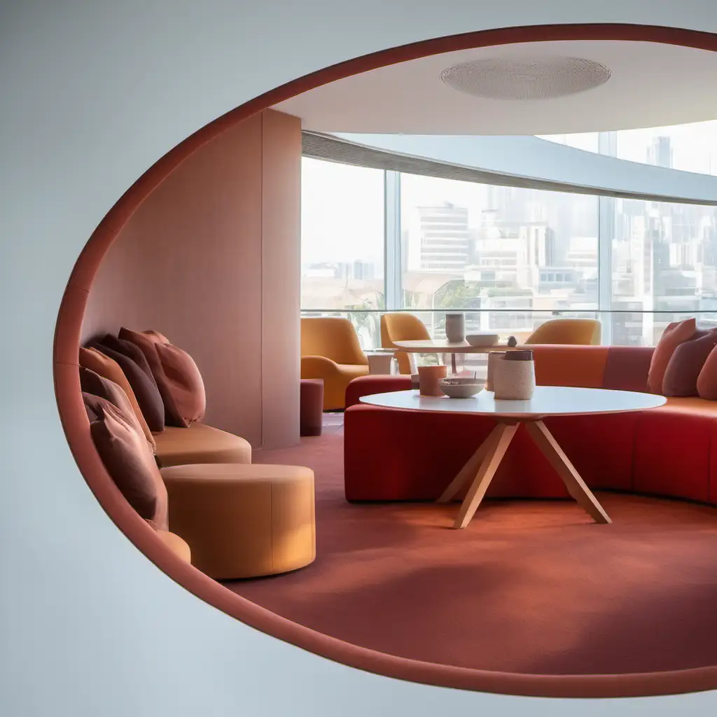 moderne Sitzecke in einem runden Raum, warme Farbtöne der Sitzmöbel, Architektur mit Blick nach Draußen 