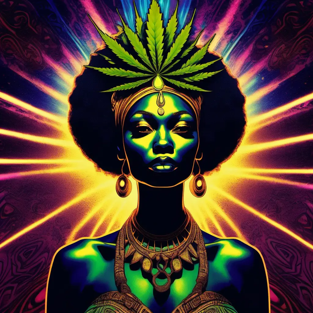 Vibrant Nubian Goddess Illuminated by Psychedelic Weed Blunt