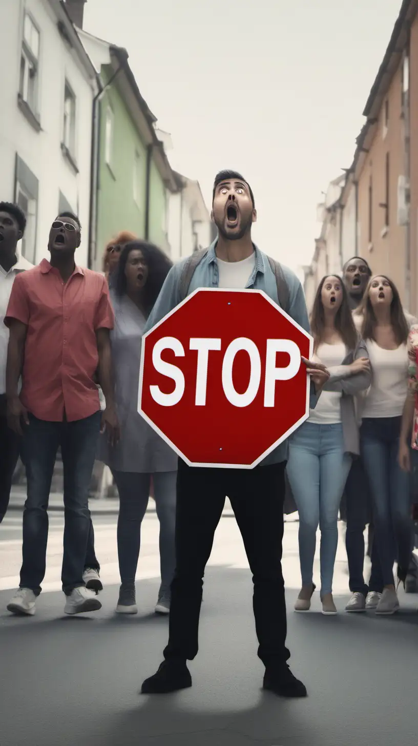 man holding a STOP sign in the street with people looking scared around him 4k