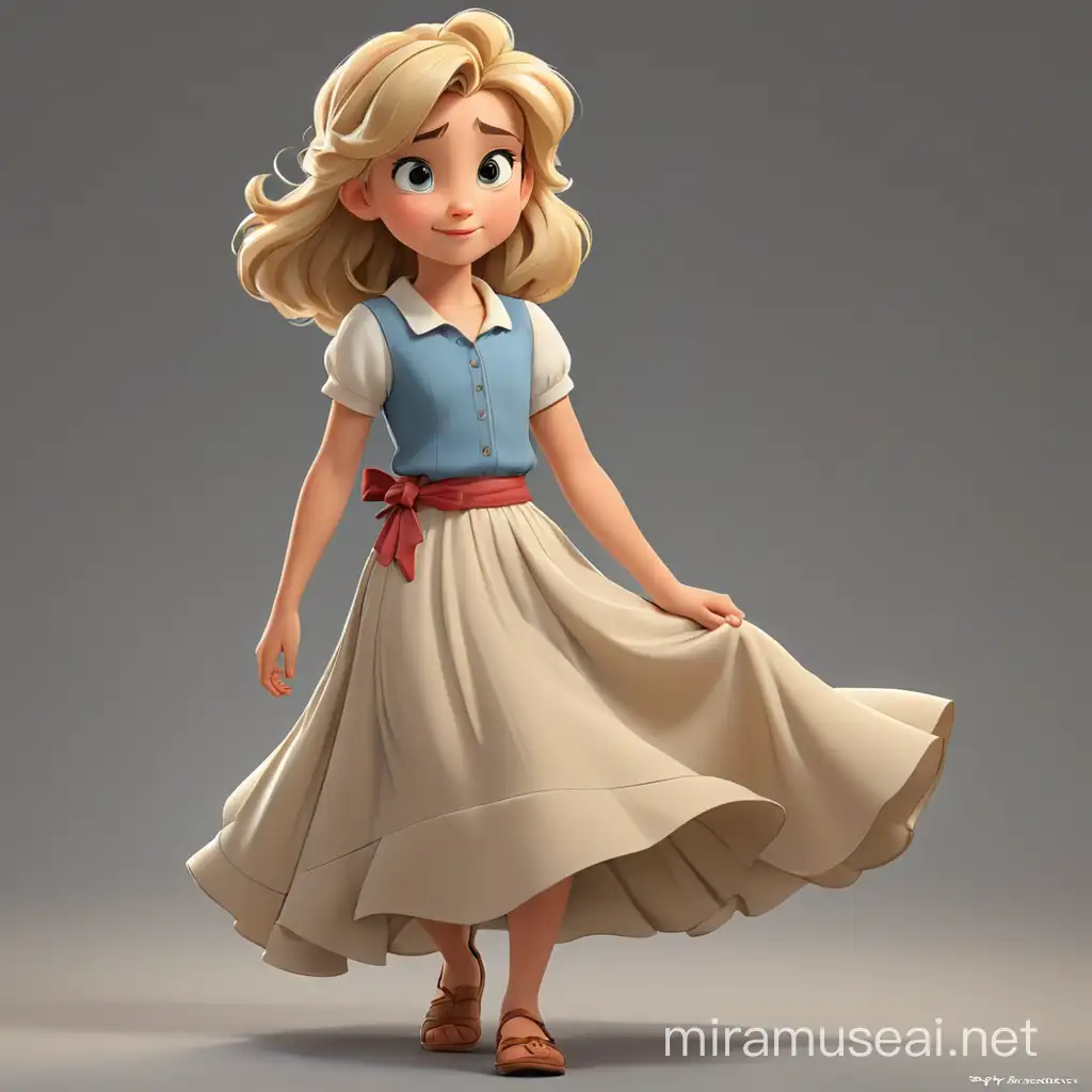 2D cartoon Disney character digital art of little girl, blond, long skirt, walk, multiple posses. superb linework, classic 2D Disney style art, close-up, inspired by the art styles of Glen Keane and Aaron Blaise, Disney-style character concept with a Disney-style face, (trending on artstation), Disney-style version of little girl, blond, long skirt, walk, multiple posses