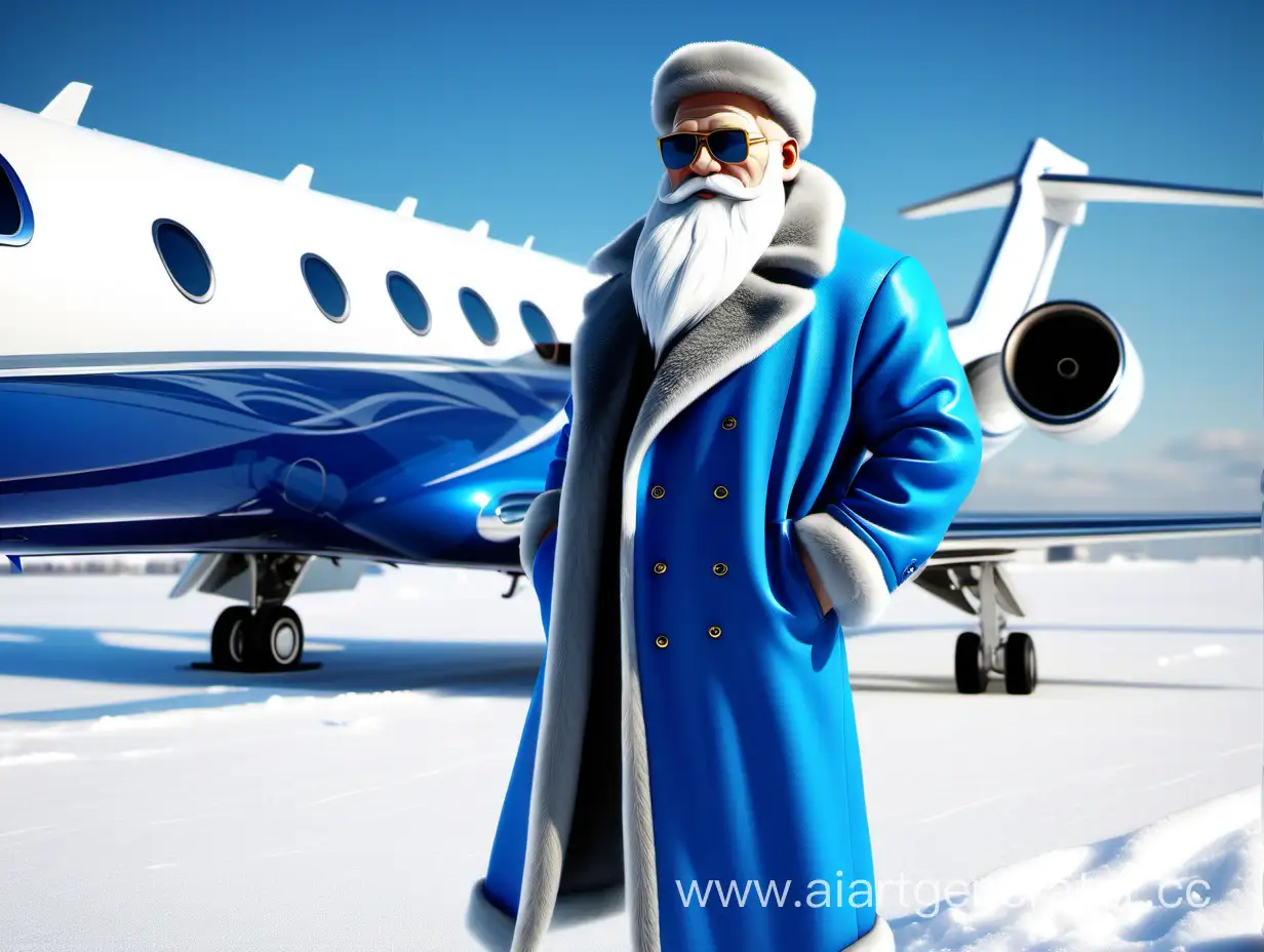Дед мороз рядом с бизнес джетом, синий наряд, снег, прорисовка, реалистичность, стиль
