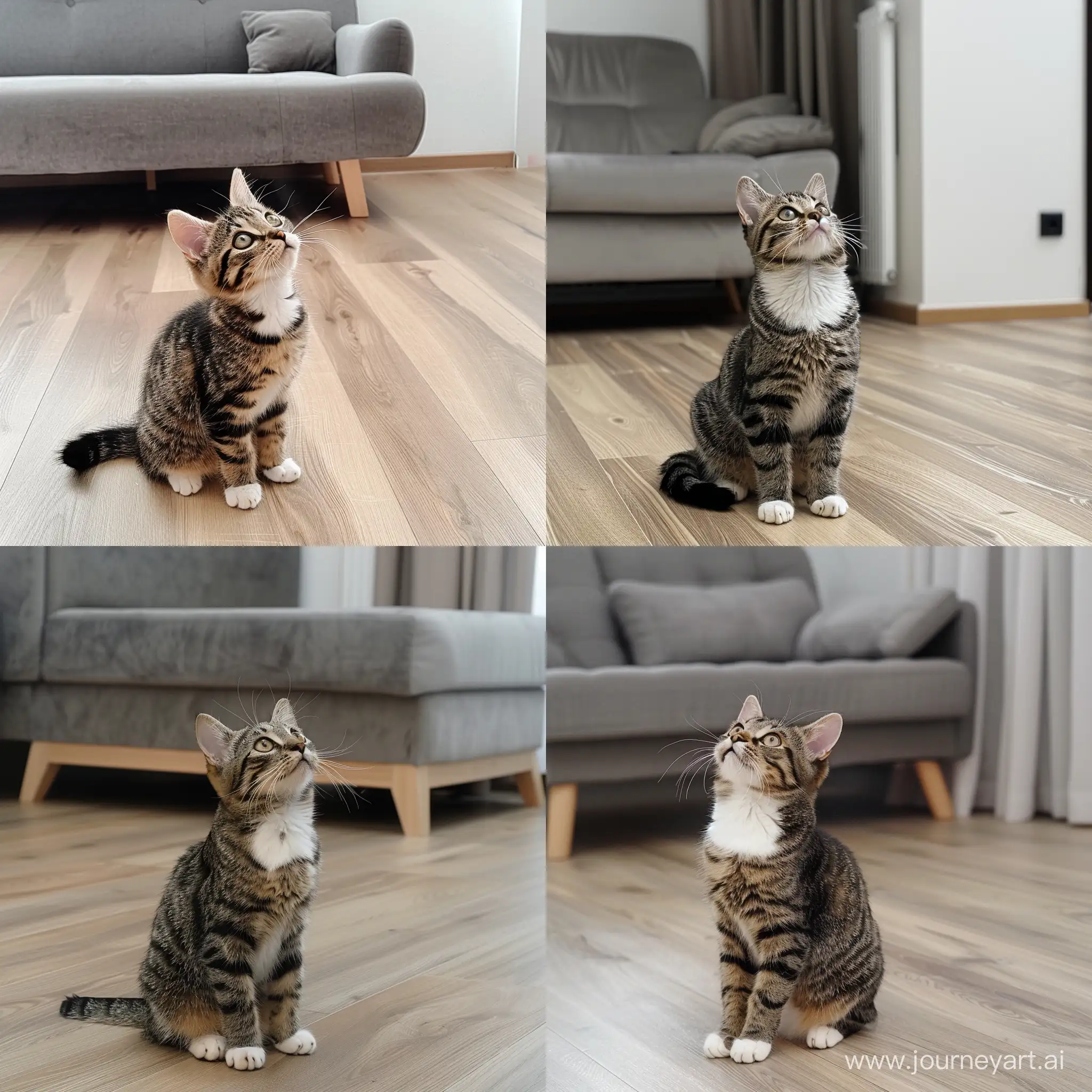 Adorable-EightMonthOld-Tabby-Cat-Sitting-on-Light-Wooden-Floor-in-Living-Room