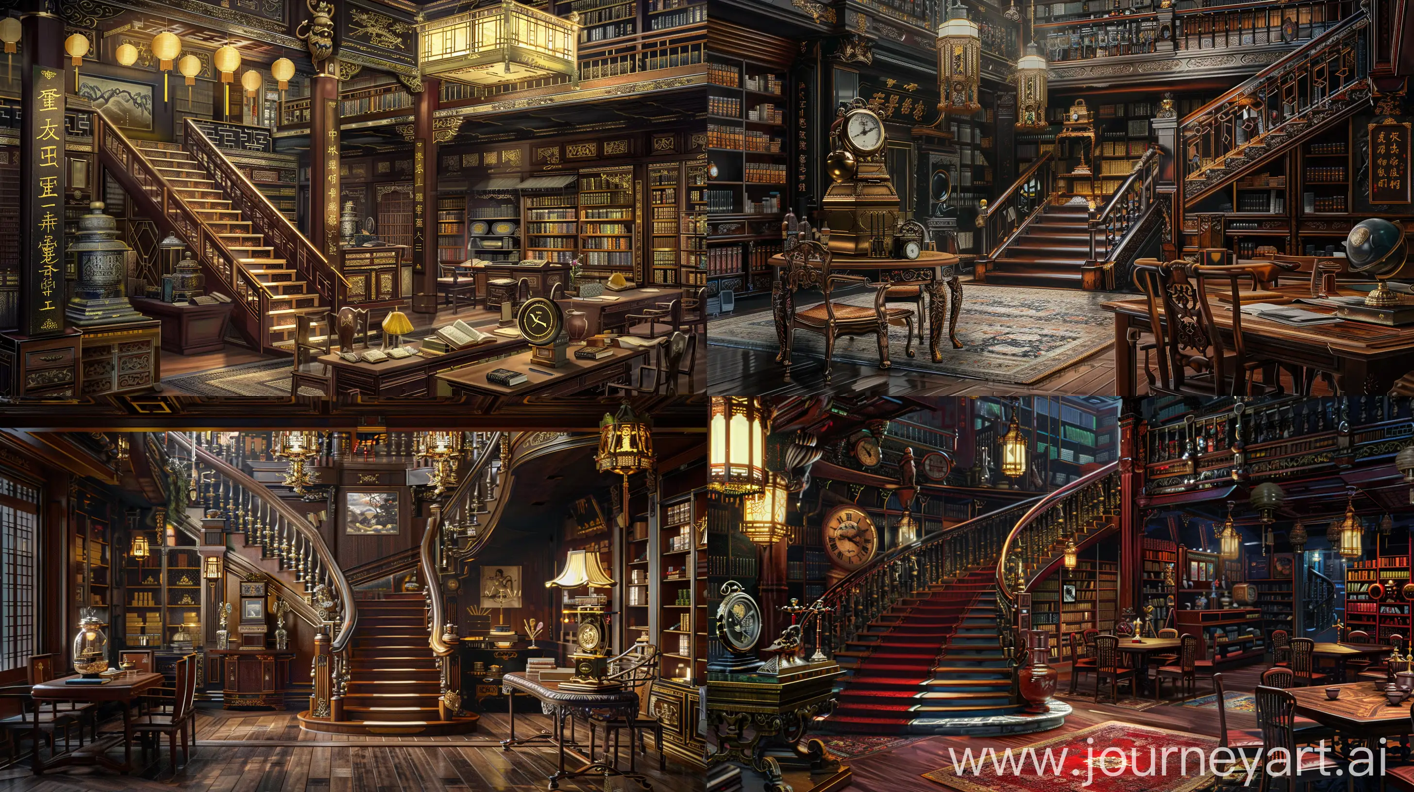 **A library with elegantism, insane detail, painting masterpiece ,Extreme authentic decor , perfect exact rendering, Beaux-Arts, stairs, pocket watch, gold, lanterns, Chinese and Japanese artifacts, wooden tables and chairs, majestic and great, greebles::2 --ar 16:9 --q 1
