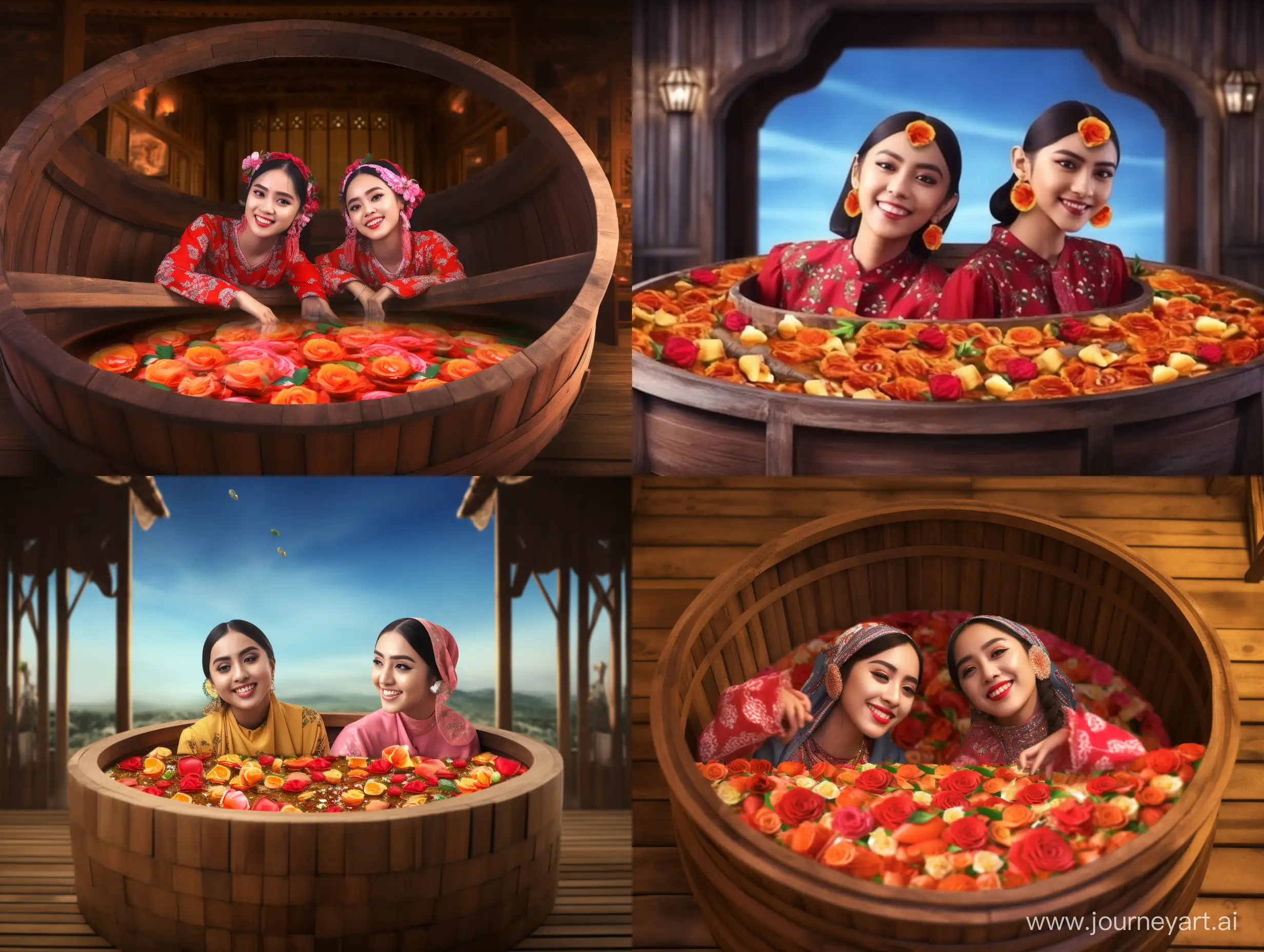 Create a photo of 2 beautiful 22-year-old south east asia girls, smiling, wearing hijab, with a rose, and earrings, wearing traditional Central java province clothes, sitting in a large round wooden hot tub, full of chili peppers floating around, UHD, 3d --v 5.0