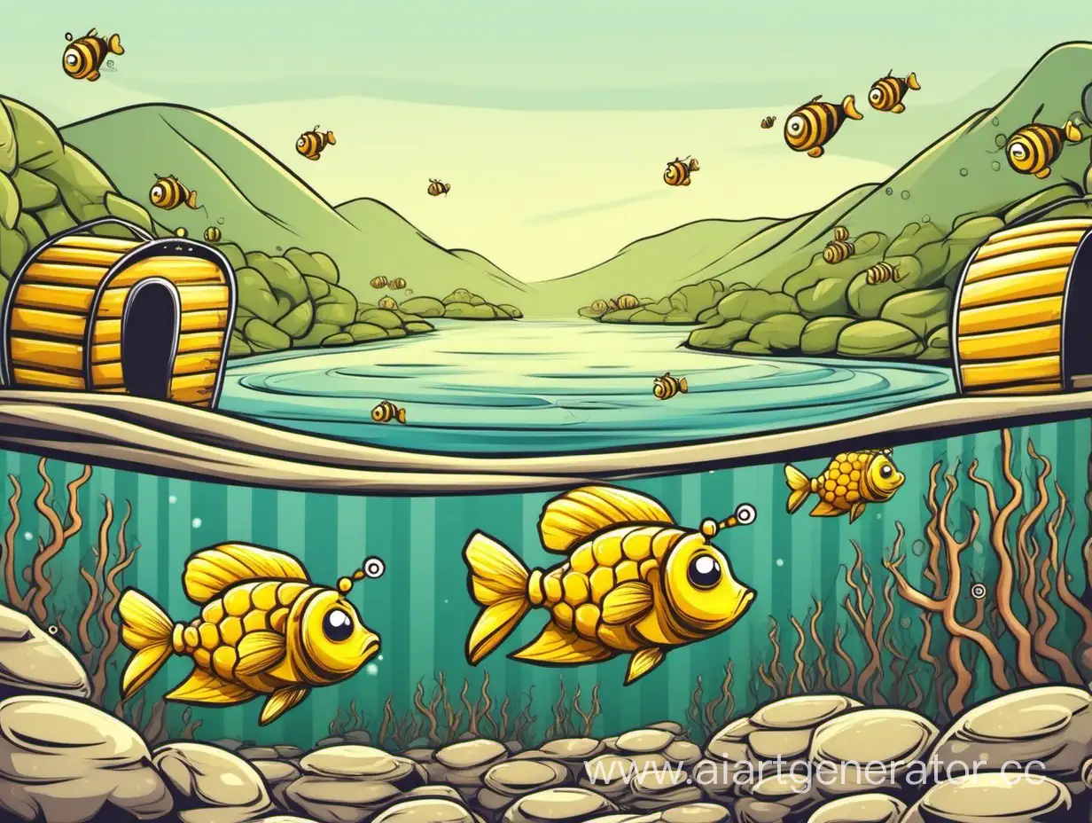 Cartoon-Fish-Swimming-with-Beehives-in-the-Background