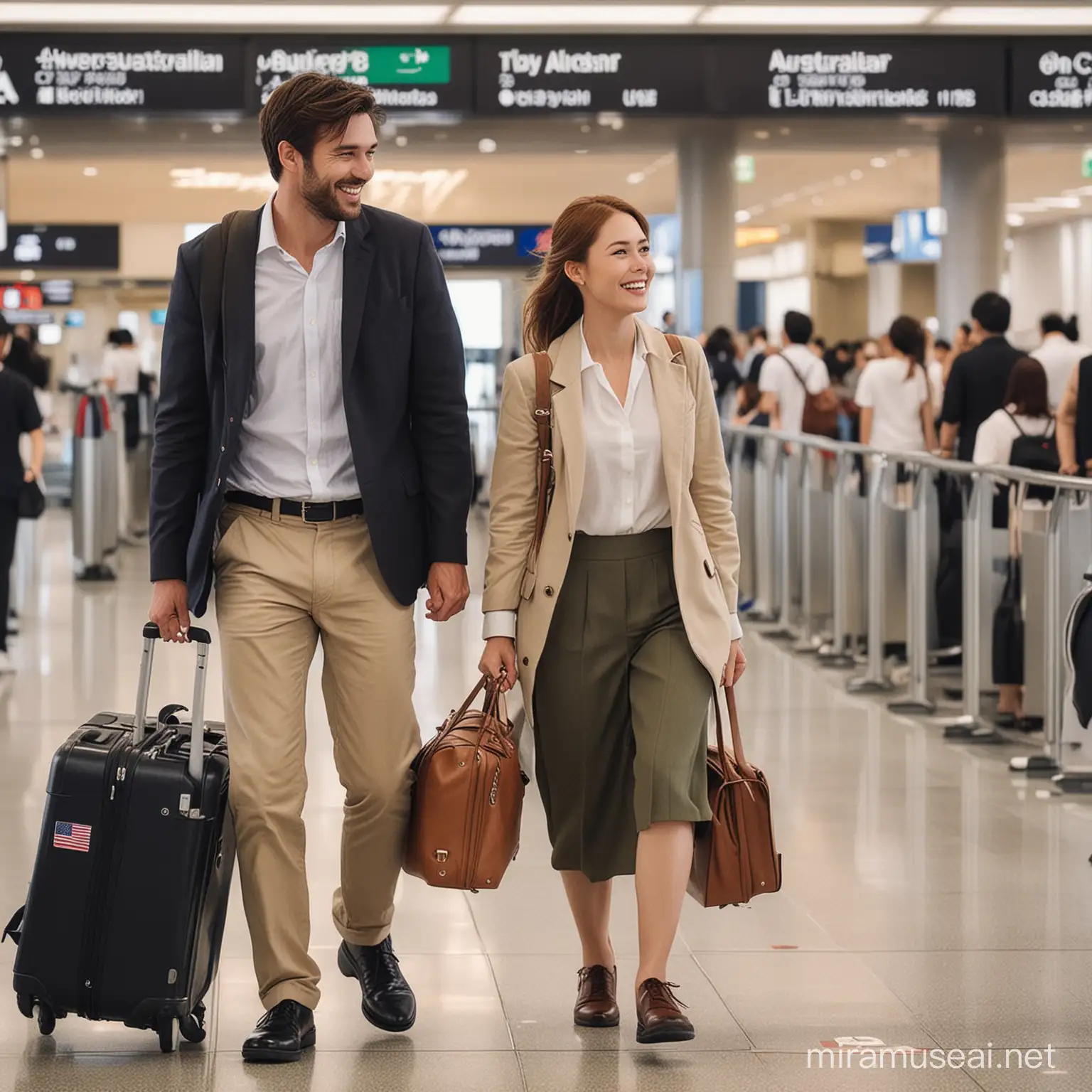 Generate an image of a man and a woman at Tokyo Airport, dragging his luggage and smiling. Note the man is an American and woman is Australian. The airport should look exactly like Tokyo Airport and should have Welcome to Tokyo written 