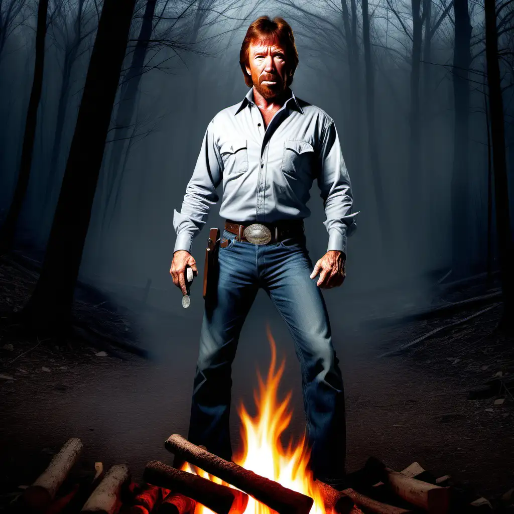 ghost of Chuck Norris by a campfire