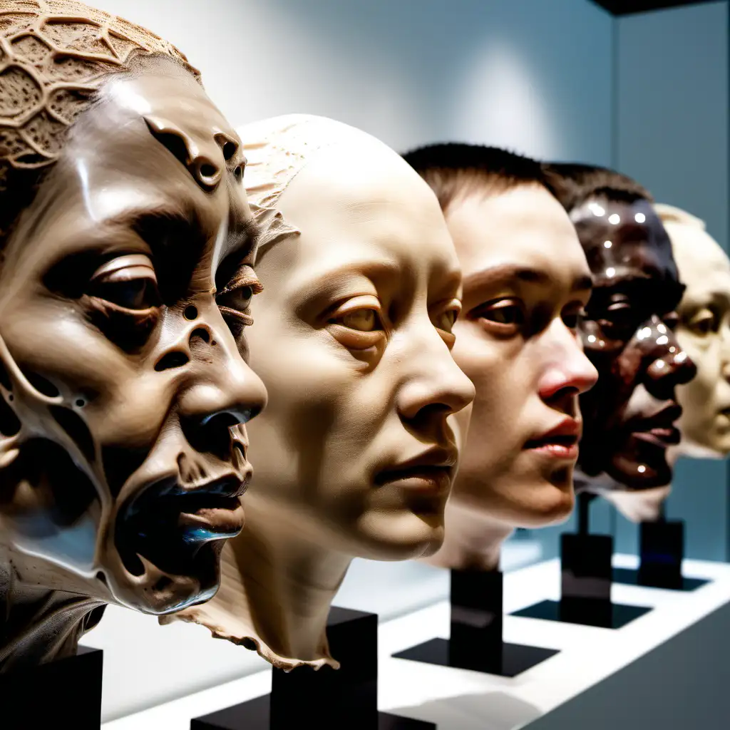 a hybrid between an a laboratory and an art exhibition displaying faces made from life-casts of people's faces and bodies
 made with organic matter, some transparent, and others 3d printed 



