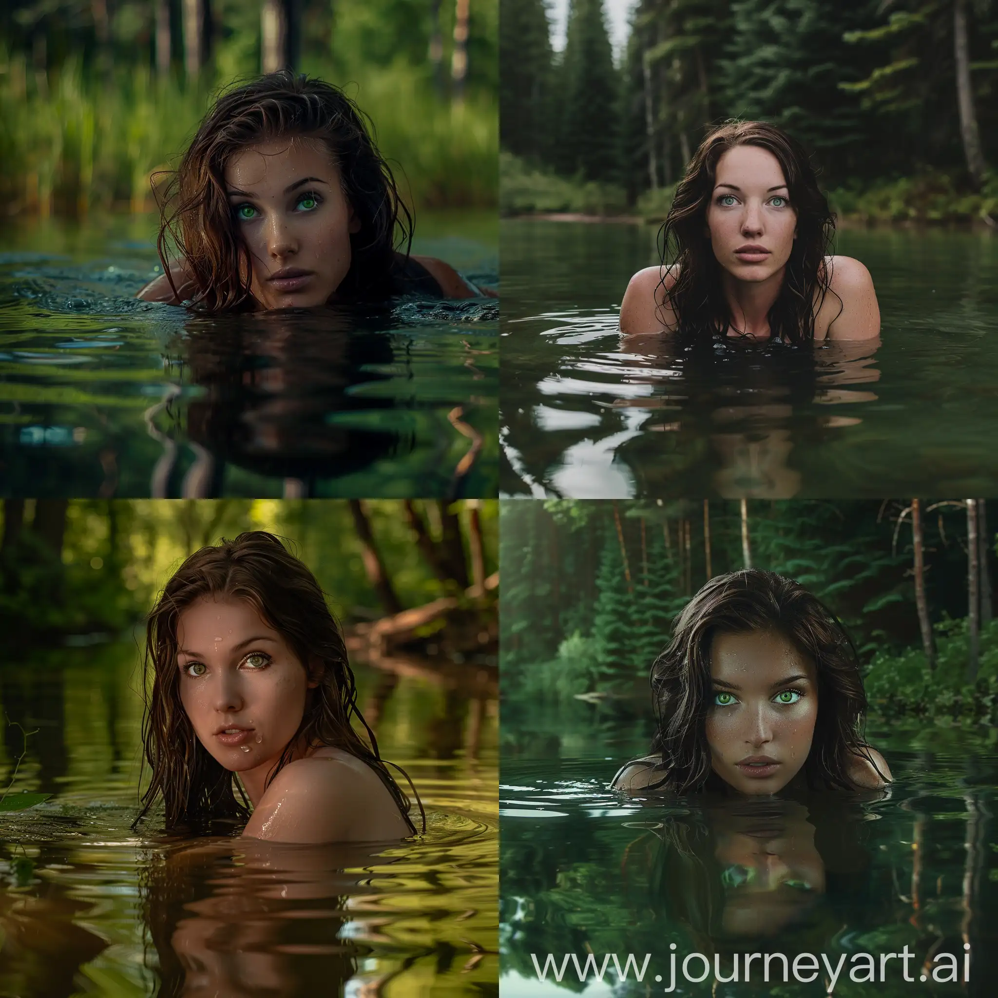 Muscular woman with brown hair and green eyes taking bath in a lake deep in a forest
