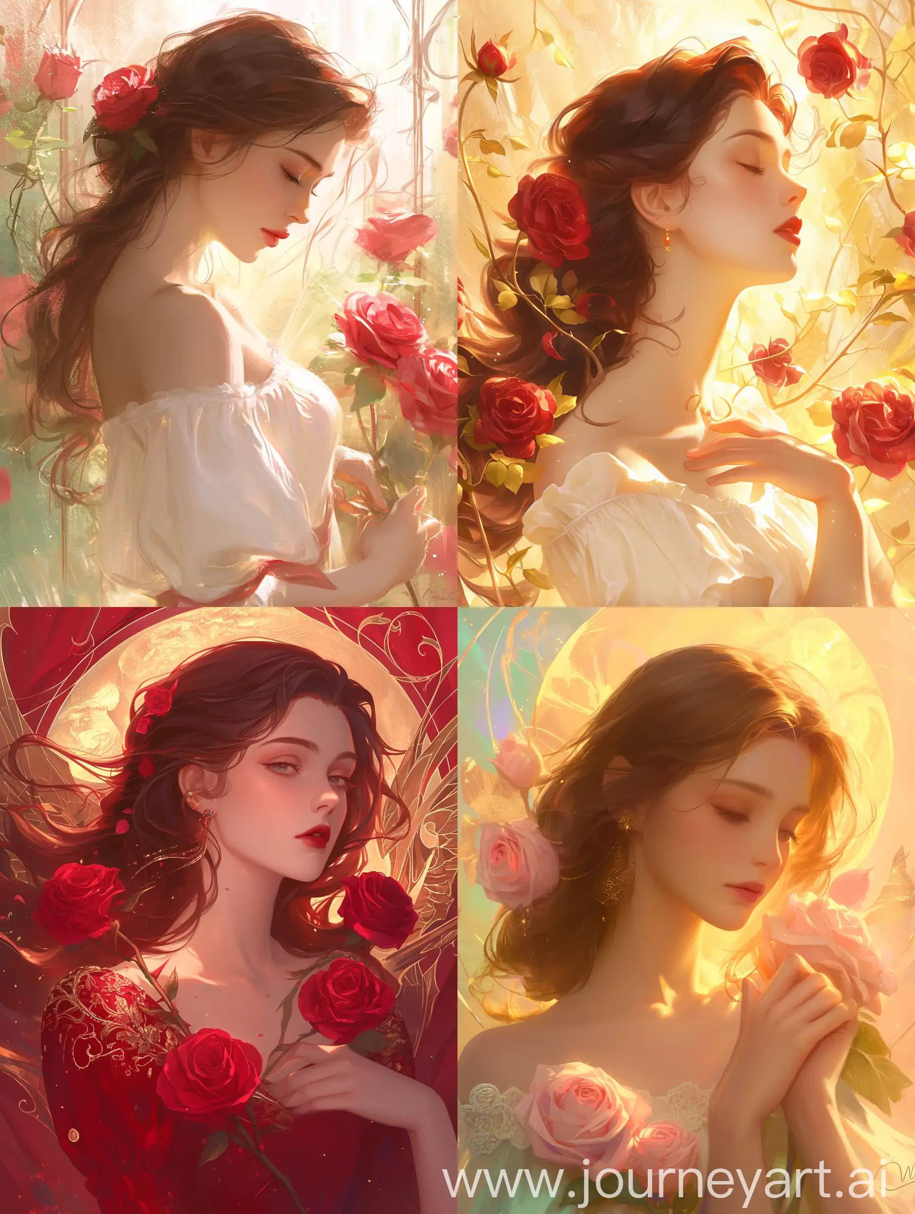 Dreamy, ethereal, enchanting, magical, romantic, art nouveau, digital art of woman with roses, beautiful, composition, wlop, ethereal --niji 6
