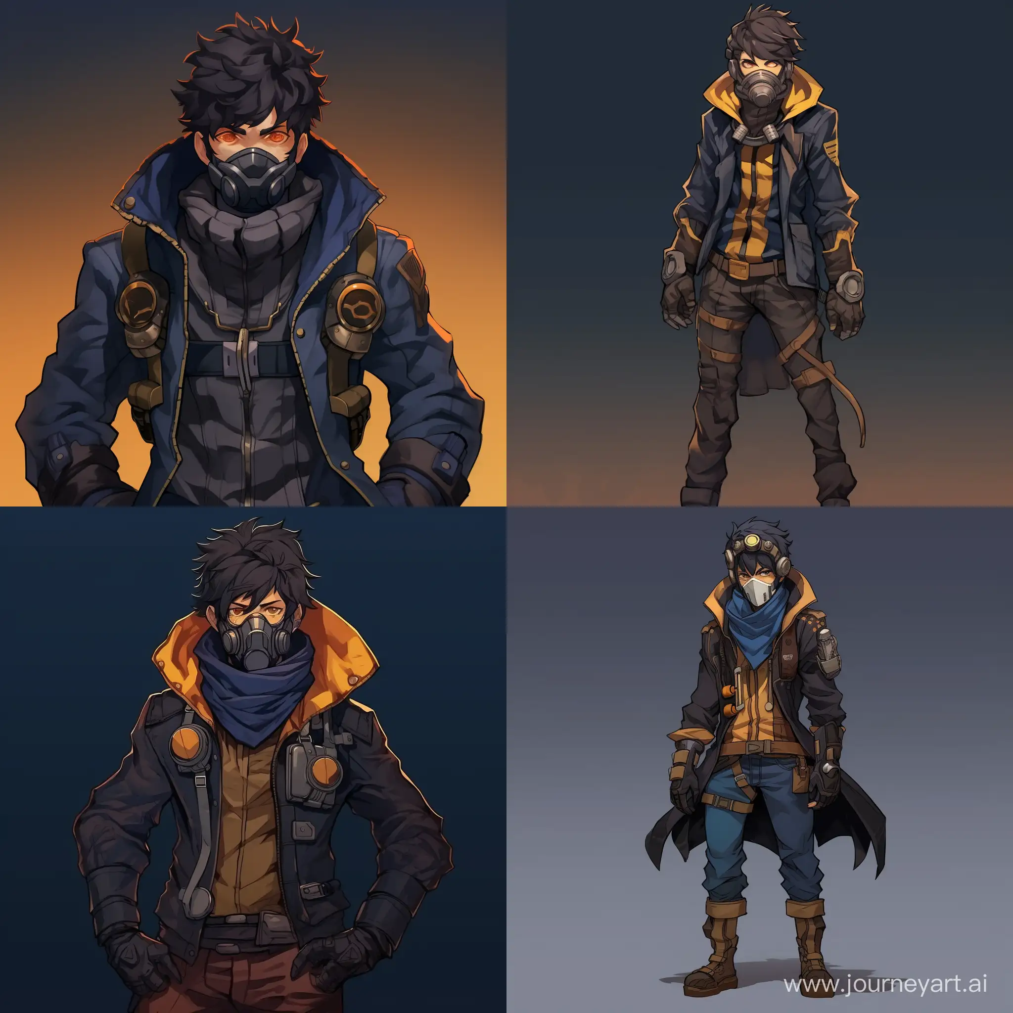 In the style of anime, in full growth. A young engineer-scientist with a strong physique. He wears a gas mask with double-filtered, amber-colored lenses. Dressed in a dark blue warm jacket with a hood with fur trim and dark blue jeans. He also wears gray gloves and black combat boots.