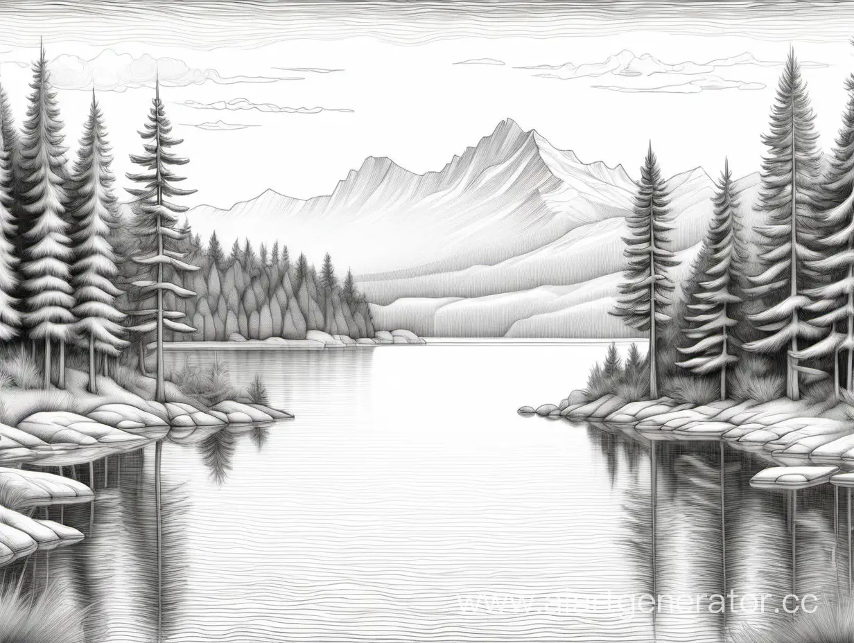 максимально реалистичный максимально детализированный  высокого качества четко прорисованный рисунок  озера с элементами природы  (сосны, елки, островки с деревьями) в стиле карандашной графики и анимализма
