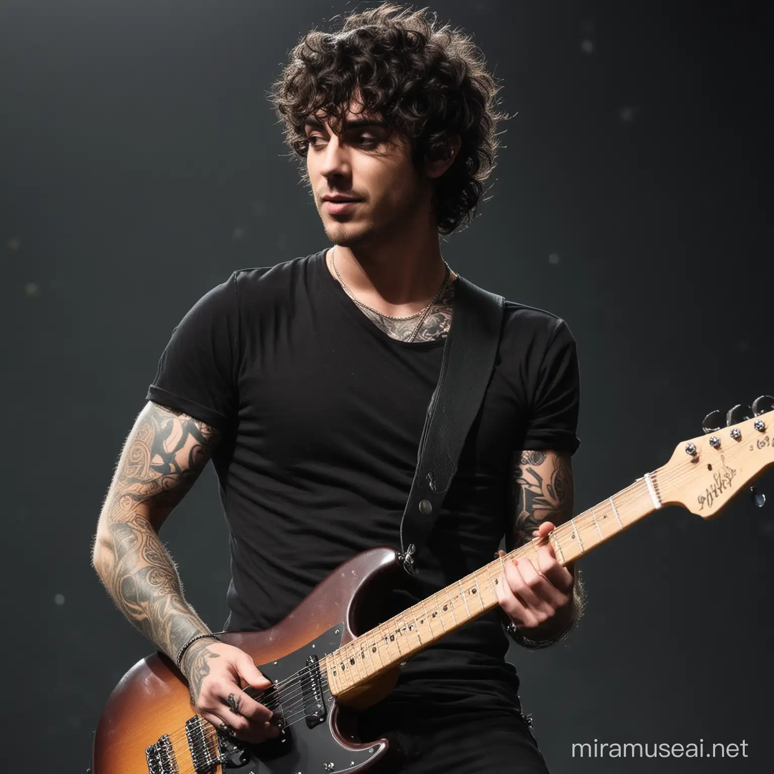 Generate an image of a front man of a rock band, he looks like a combination of Taylor York and Oli Sykes, he has dark curly hair, he is muscular but lean, he plays guitar, he is on stage,