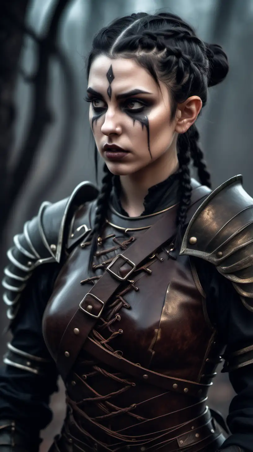 Half elf bard with dark hair styles with a tight bun and braids, dark eyes, haunted look, angry, beautiful, solemn, serious. Leather armor. Pouty luscious lips, seductive sad look. Small scars around mouth 