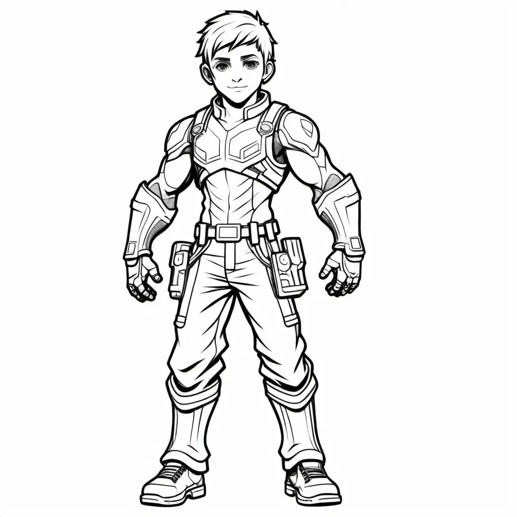 coloring image for kids, solid thick line, video game avatar full body, boy