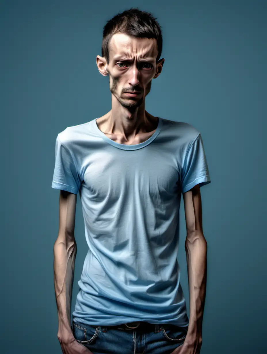 A hyper realistic photo of a very skinny sad man with his shirt of in a clear or blue like background 