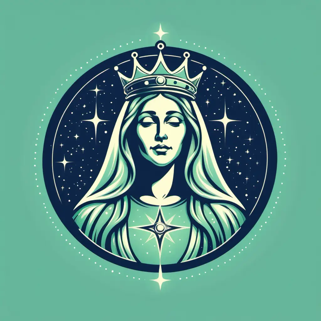 create a logo design for Cosmic Communications - Astrology for Business Impact and Success, use pale green with a mother mary type female figure goddess wearing a crown 