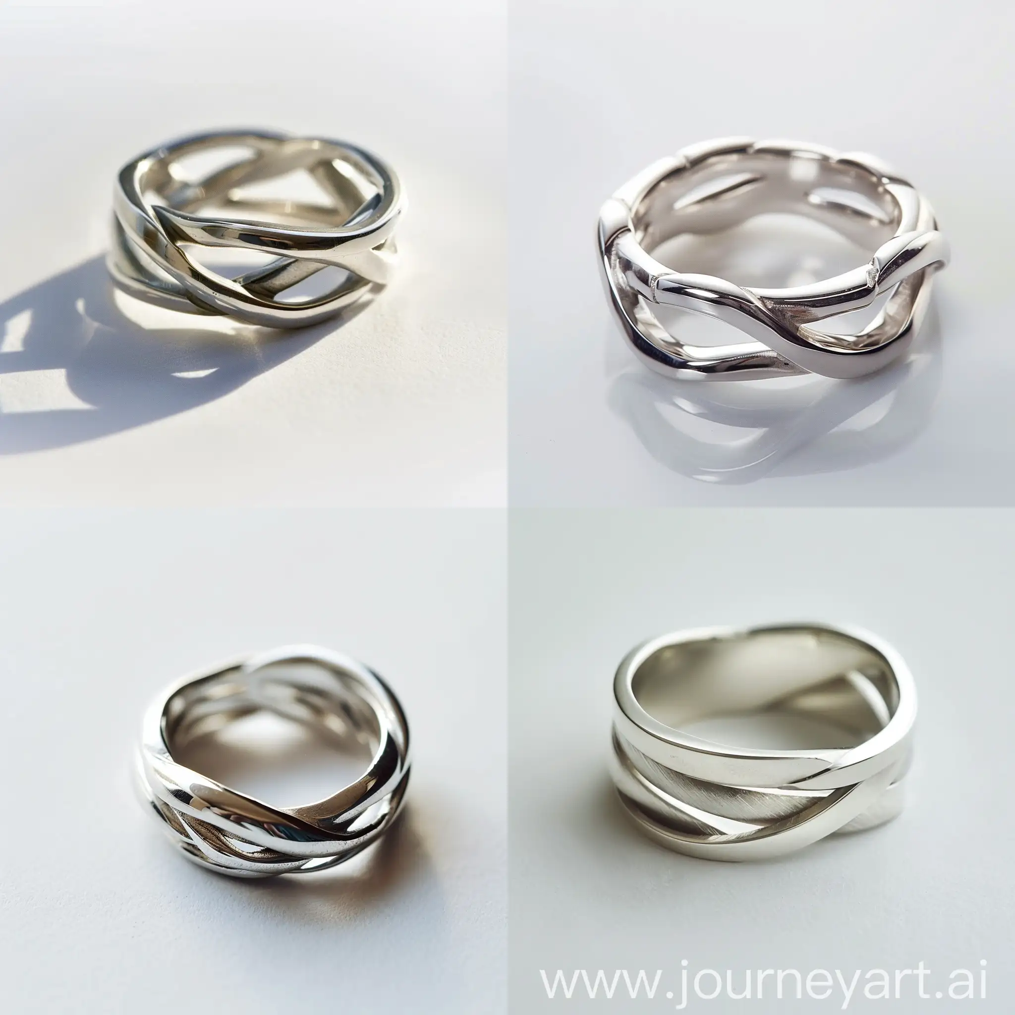 приближённое фото современного серебряного кольца, состоящего из переплетений, на белом фоне, само кольцо выполнено в стиле минимализм