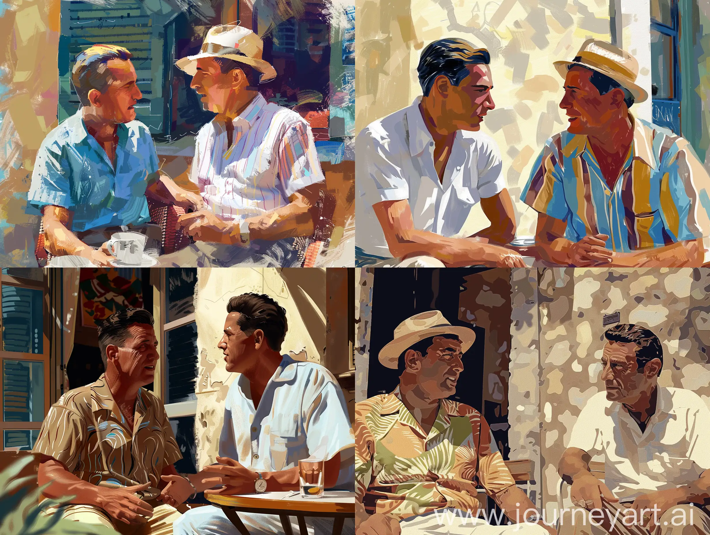 Digital painting of two 1950s Italian men in summer clothing, sitting outside a café in Rome, and talking to each other, medium shot, great lighting,