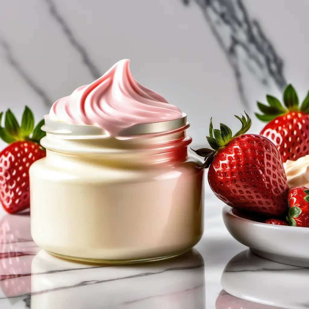 A jar of body butter with a marble background, no label or name on the jar, top off with strawberry syrup included inside the jar of the body butter and over top it. Strawberries and cream used as props next to the body butter jar. Create an image I can advertise