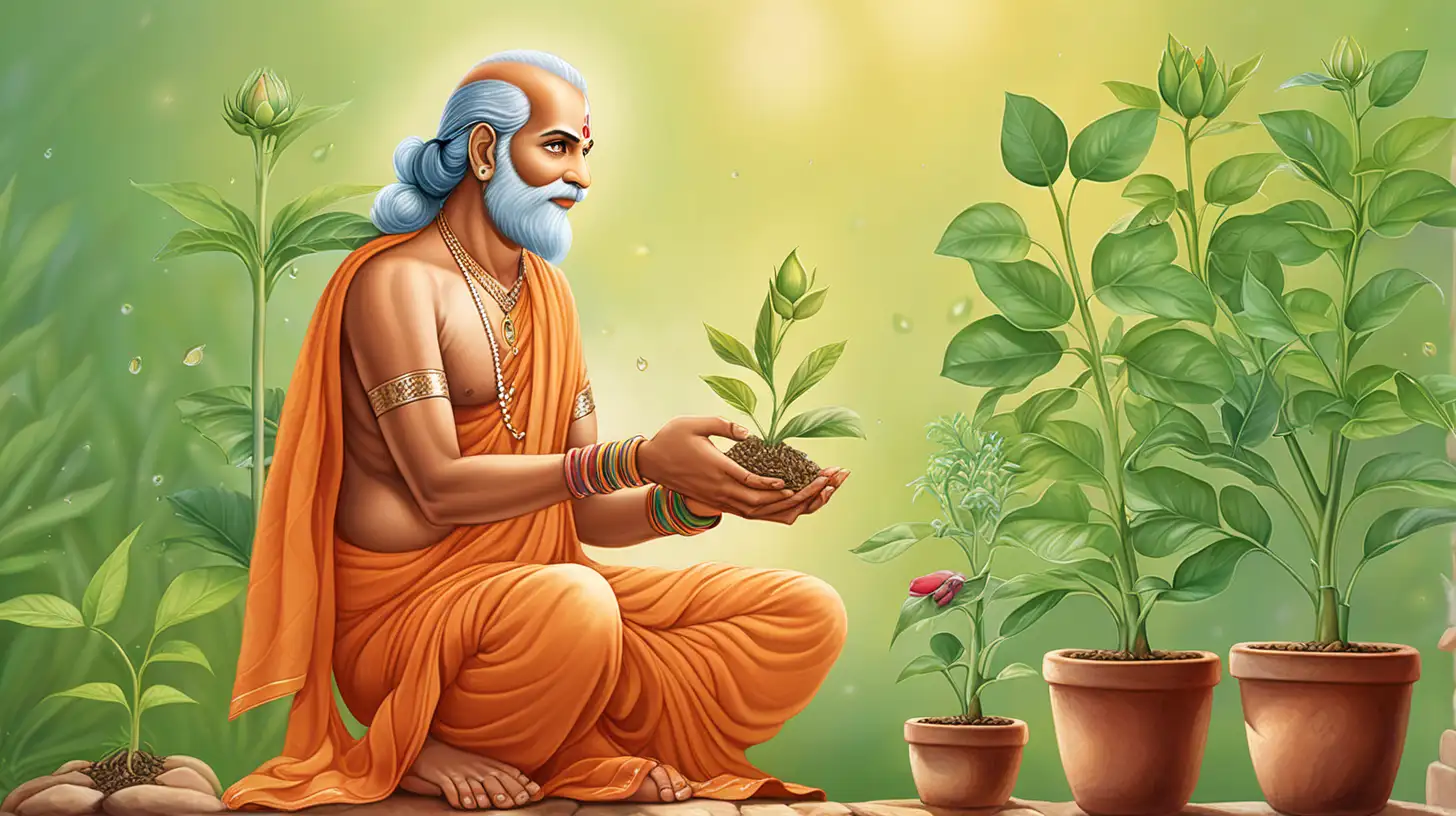 Prince Dutthakumara Nurturing Vibrant Plant with Maharshi Varuns Teachings