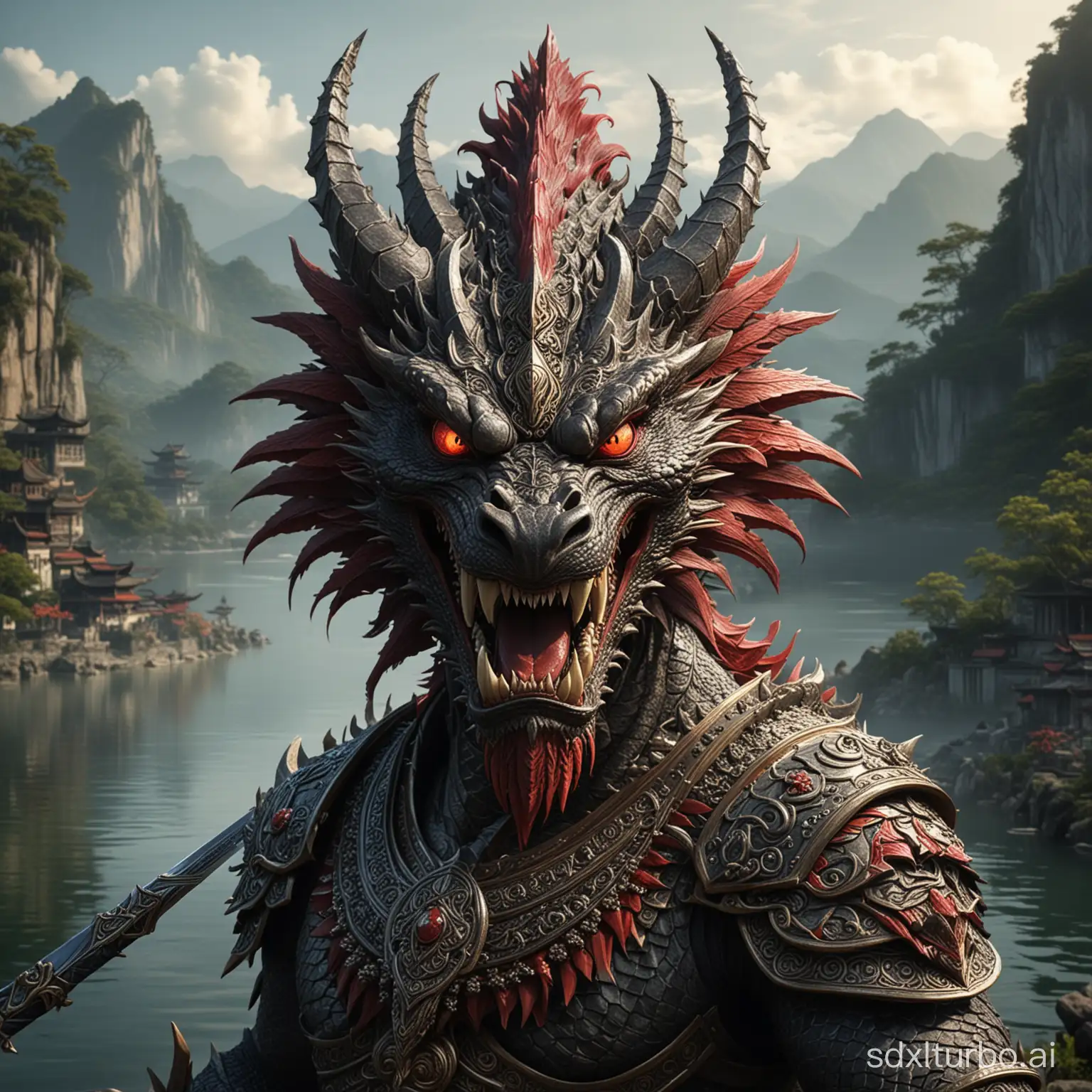 a Javanese Indonesian mythological creature that looks like a combination of a dragon and a god. The ornamental details are very complicated and artistic. This creature has a scary face with sharp eyes, long fangs, and a bright red tongue. He holds a large sword with elaborate decorations.
Scary face: Sharp eyes, long fangs, and a red tongue.
Greatsword: Decorated with elaborate ornaments.
Ornate body: Artistic and complex.
Dragon element: The dragon head is visible on the left side of the image.
Background: Natural landscape with calm water and blurred mountains in the distance.
Dark and dramatic atmosphere,
creates a mystical aura