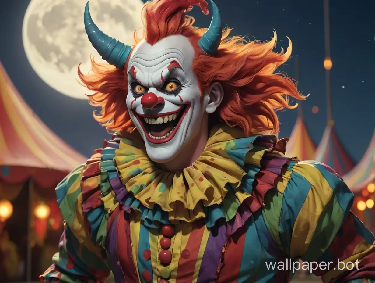 A smiling demon clown in full colorful makeup, full body view, standing in front of the big top at night being backlit by the full moon. detailed features, sharp image.