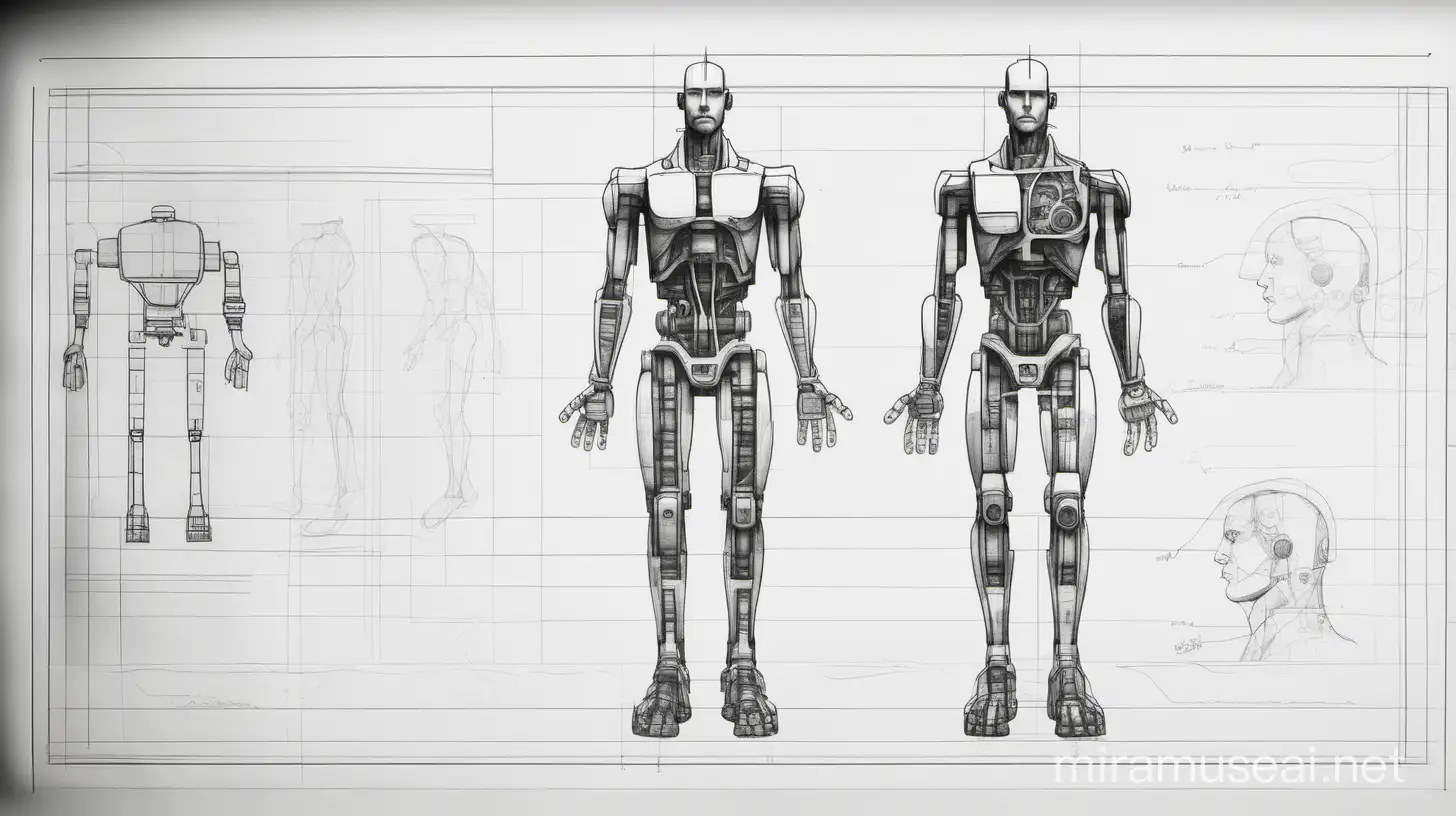 an plan view engineering sketch of a entire man from feet to head with his left half as robotic and his right half as human in drafting black and white style
