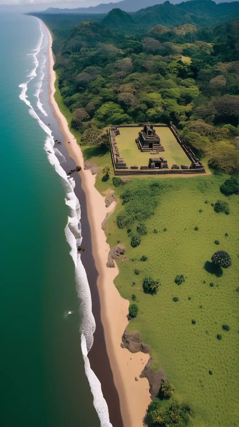 Aerial view of the coastline with ancient ruins of Poompuhar along the Coromandel Coast. This city was present in India 2000 years ago. Make it realistic