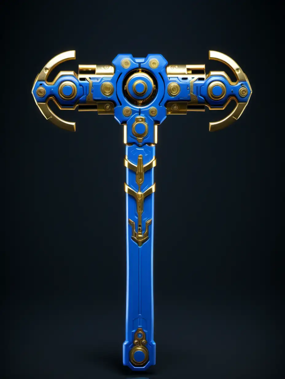 blue with gold trim, tonfa weapon, cybernetic