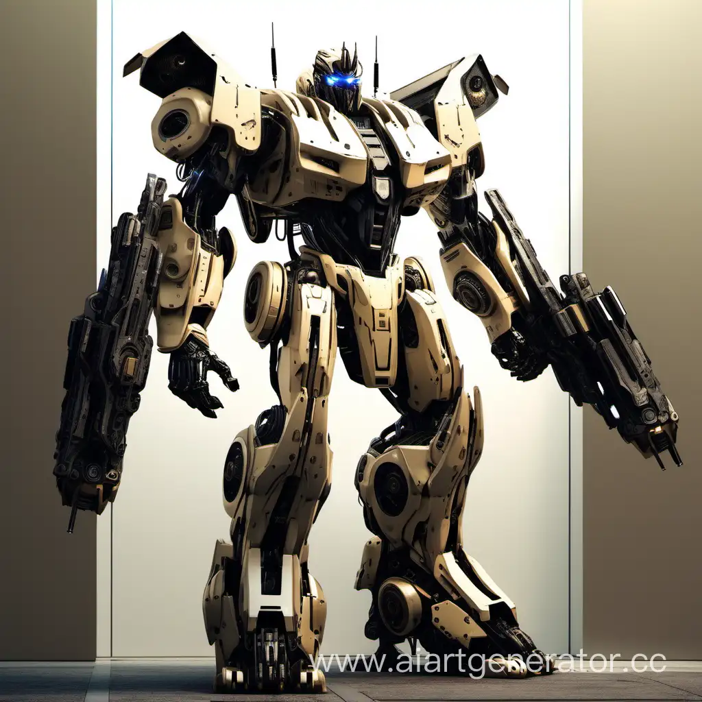 A massive cyberpunk transformer robot in beige armor and with black inserts.