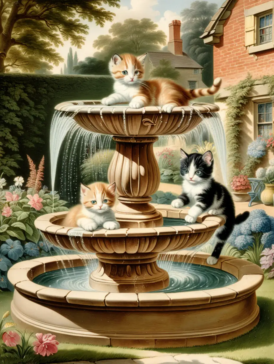 Playful Kittens Splashing in English Cottage Garden Fountain