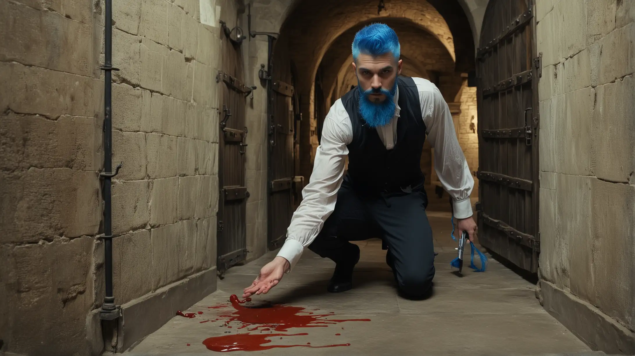 aristocratic young man with blue beard entering the dungeon, blood on floor