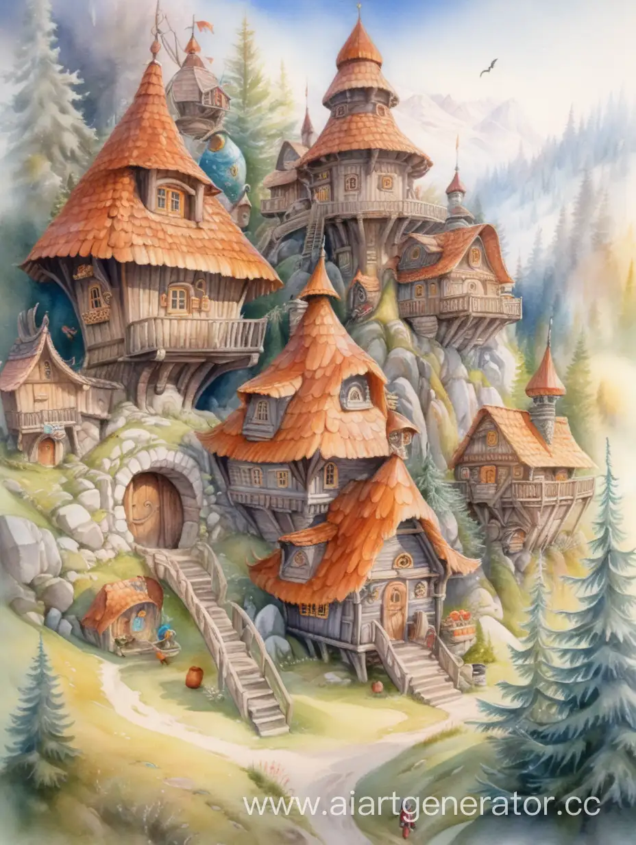 Russian-Fairy-Tale-Watercolor-Village-Scene-with-Baba-Yaga-and-Dragon