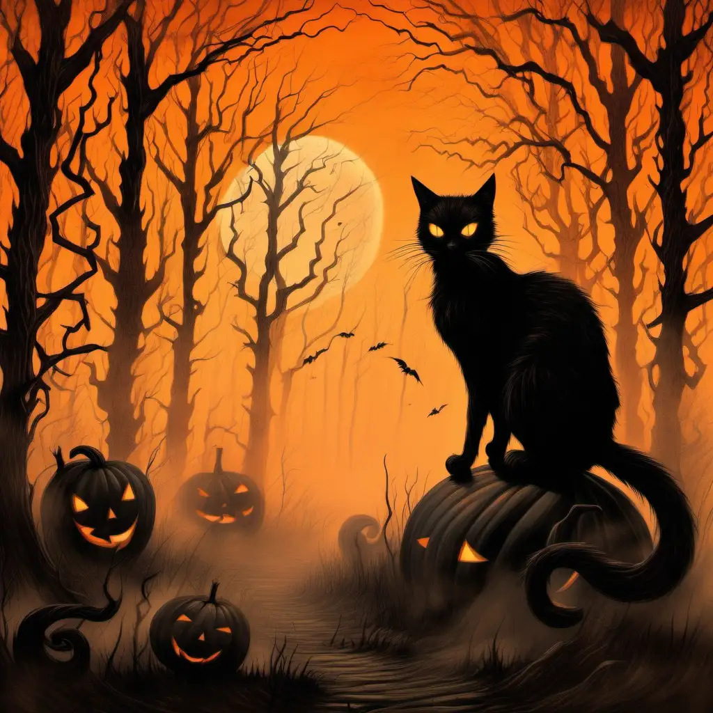 scary black cat,  jackolantern, forest, mist, orange sky
